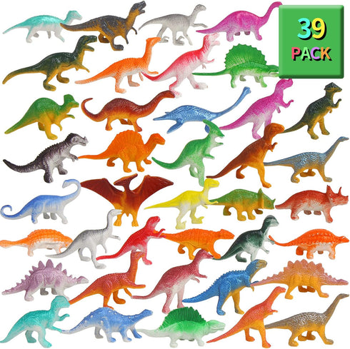 FINGOOO 39 Piece Mini Dinosaur Figures, Assorted Vinyl Plastic Dinosaur Toys for Easter Gifts, Dino Party Cake Toppers