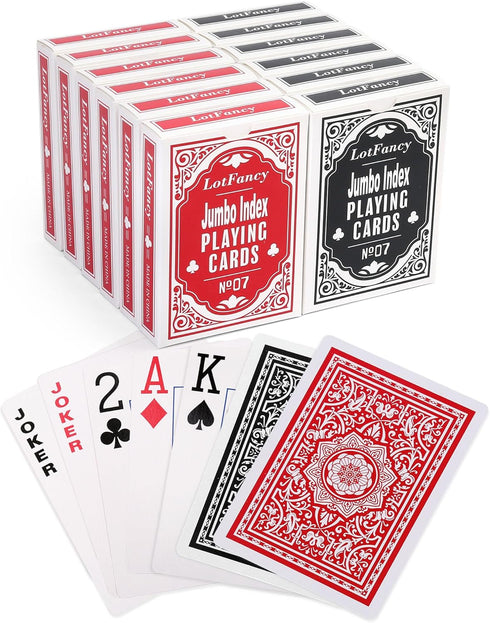LotFancy Playing Cards - Jumbo Index, 12 Decks (6 Black 6 Red), Large Print, Poker Size for Various Card Games