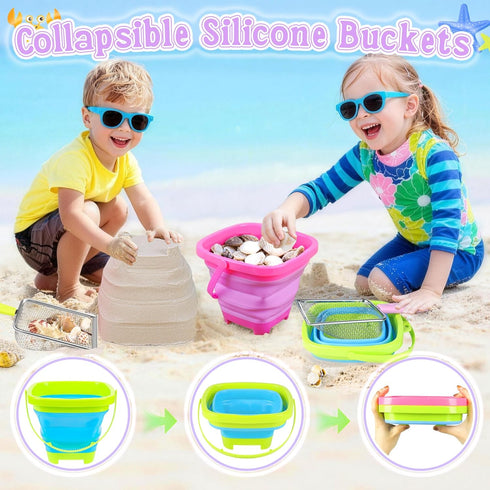 Meaicezli 2 Packs Beach Toys, Sand Toys for Shell Collecting, Collapsible Sand Buckets Shark Tooth Sifter and Mesh Bag