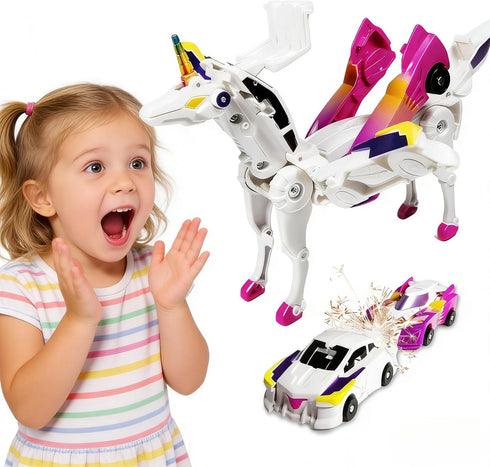 Magnetic Collision Transforming Unicorn Car Toys 2-Pack, Transformer Cars that Crash into