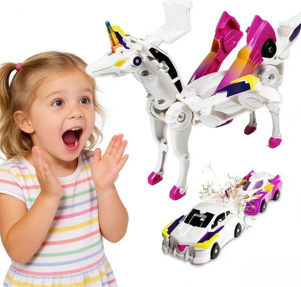 Magnetic Collision Transforming Unicorn Car Toys 2-Pack, Transformer Cars that Crash into