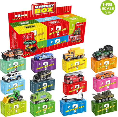 Oriate Diecast Toy Cars Set for 3-8 Year Old Boys, 12 Pack Mini Metal Cars 1/64, Blind Box Edition