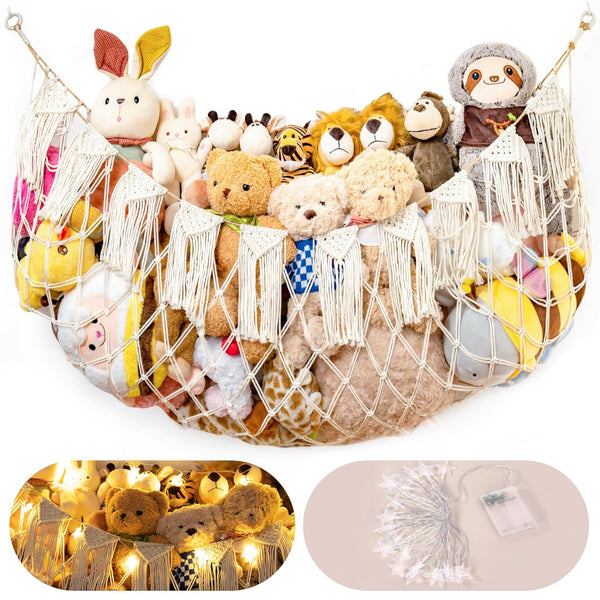 Stuffed Animal Hammock Net with Lights, Big Hanging Toy Organizer for Kids' Bedrooms