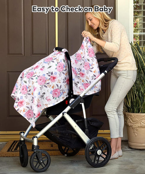 100% Summer Rquite Infant Car Seat Cover for Babies Girls, Muslin Cotton Carseat Canopy, Breathable Stroller Sun Shade