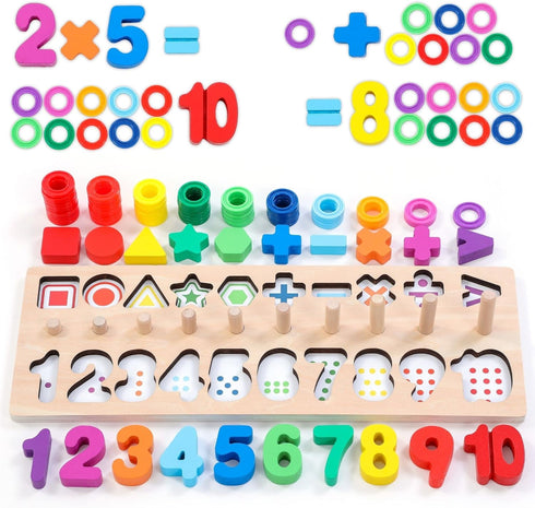 Wooden Montessori Toys for Kids, Toddler Number Puzzles Sorter, Counting Shape Stacker for Learning Education Math