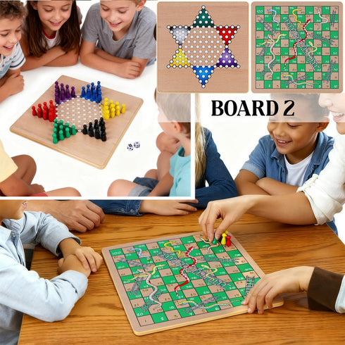 5-in-1 2 Glintoper Wooden Board Game with Reversible Boards for Chess, Checkers, Chinese Checkers, Snakes and Ladders