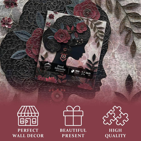 PICKFORU 1000 Impossible Puzzle for Adults Pieces, Black Girl Puzzles Flower Plant Aesthetic Art, Floral Elegant Black