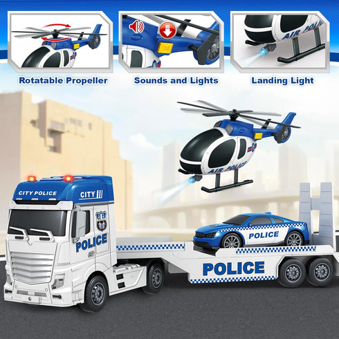 3 4 5 6 7 8 25" Kids Toys for Years Old Boys, Police Truck Toy with Racing Car and Helicopter, Toddler Friction Powered
