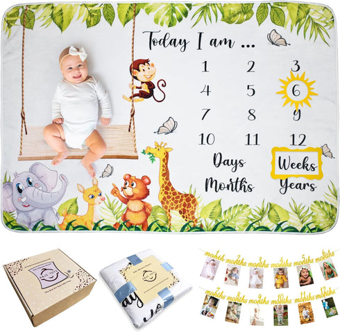 A&JS TOTS Baby Monthly Milestone Blanket, First 12 Months Growth Chart Blanket for Baby Boy or Girl 60"x40"