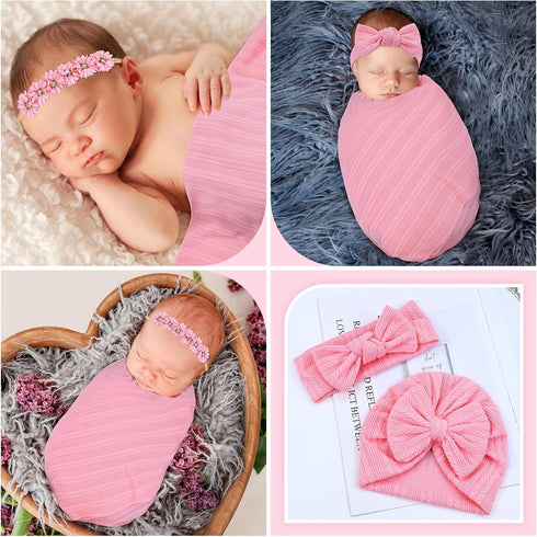 4pcs Cinaci Pink Soft Nursery Newborn Baby Receiving Swaddle Blanket with Matching Turban Hat Bow Headbands Floral