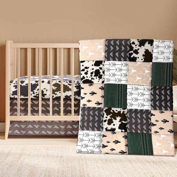 Hahafelt 3 Piece Patchwork Western Crib Bedding Set for Boys Girls Cow Cactus