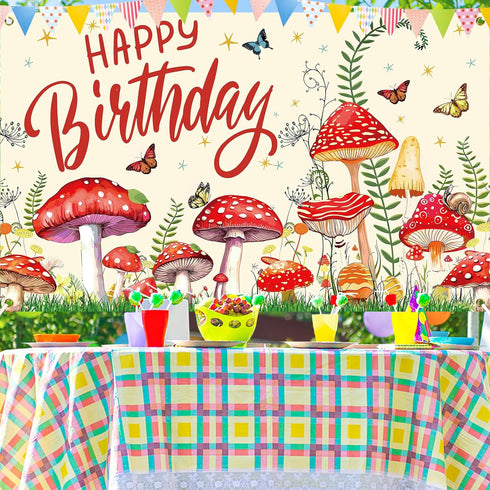 Mushroom Birthday Party Decorations, Mushroom Birthday Banner Backdrop Wildflower Party Banner Photo Photography