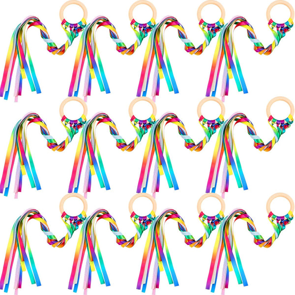 12 Pcs Rainbow Ribbon Wooden Waldorf Toys, Creative Hand Kite Set with Wood Ring for Educational Playroom Dancing.