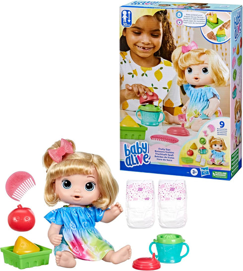 Baby Alive Fruity Sips Doll, 12-inch Apple Baby Doll Set for 3 Year Old Girls, Drinks & Wets
