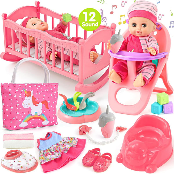 Golray 12in Girl Baby Doll Crib and High Chair Set - Sound&Pee