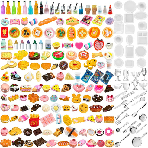 200 Pcs Dollhouse Miniature Food & Drinks - Kitchen Accessories for 1/12 Doll House, Fake Resin Pretend Game