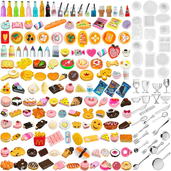 200 Pcs Dollhouse Miniature Food & Drinks - Kitchen Accessories for 1/12 Doll House, Fake Resin Pretend Game