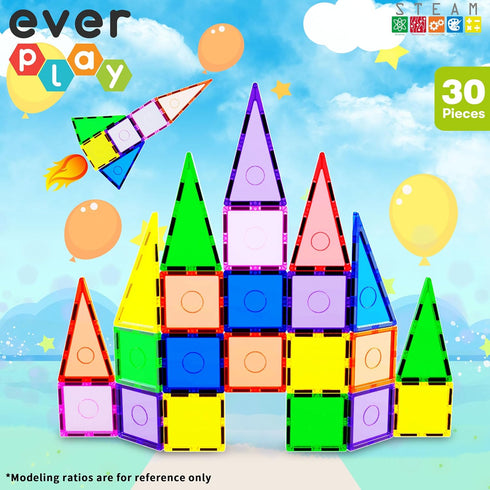 Everplay 30pc Magnetic Tile Building Block Set, Construction Magnet Tiles Toy Blocks STEM Educational Learning Kit