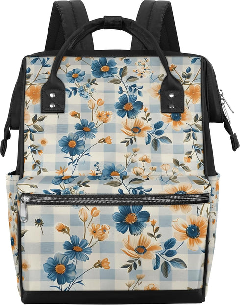 Honeybaby Backpack 19L Diaper Bag for Mom & Dad Checkered Background Flowers Large Diaper Bag Tote with Multi-Pocket