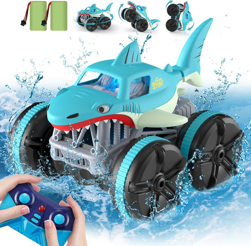 MaxTronic Amphibious Remote Control Car, 2.4 GHz 4WD 1:14 Scale Waterproof Monster Truck, RC Boat Shark Toys 3-12 Years