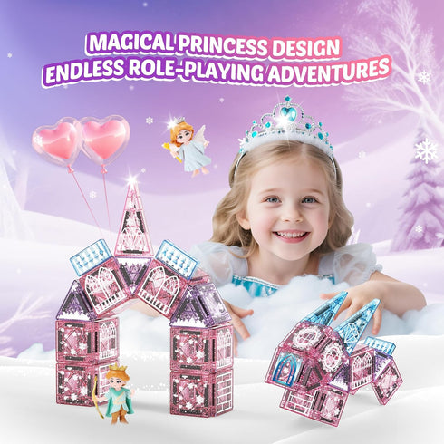 Windidi 2 3-5 4-8 8-12 Magnetic Tiles Princess Toys, Princess Castle Travel Magnetic Blocks with Metal Box & Dolls