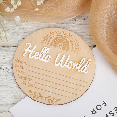 NQEUEPN 5.91x5.91in New Baby Announcement Sign, Hello World Plaque Sign Wooden Baby Name Information Sign Birth