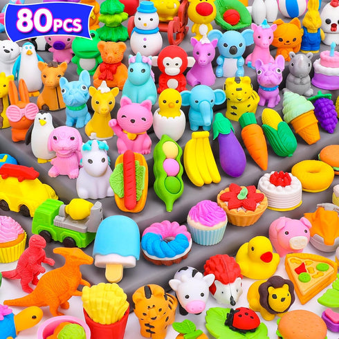 80PCS Mini Animal Erasers for Kids, Bulk Small Toys, 3D Cute Desk Pets, Classroom School Supplies, Party Favors