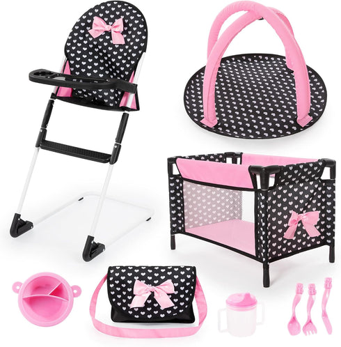 Bayer Design Dolls Travel 9 Piece Set - Black, Pink, Hearts, Accessories for Dolls Up to 18"