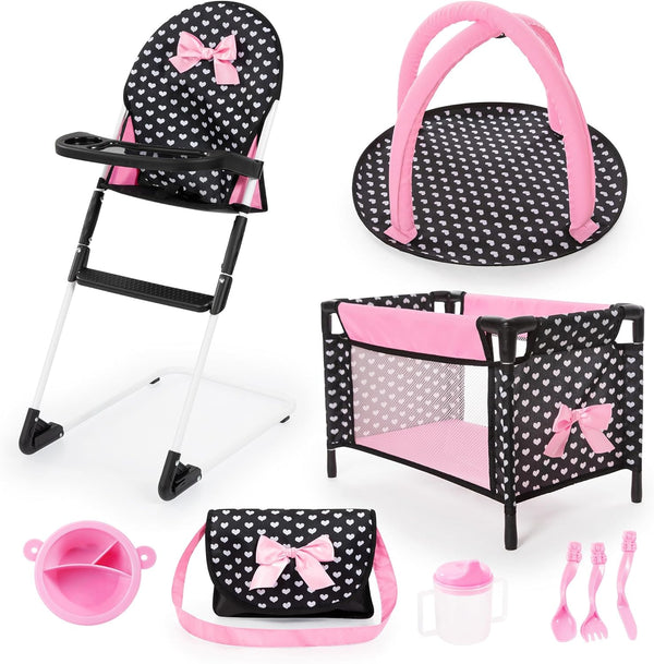 Bayer Design Dolls Travel 9 Piece Set - Black, Pink, Hearts, Accessories for Dolls Up to 18"
