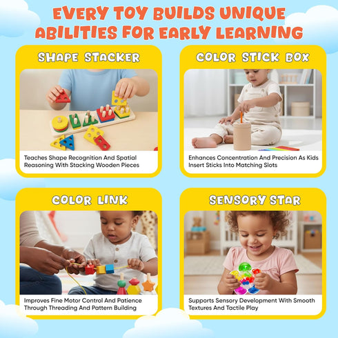 WIZZLY 8-in-1 Set 3+ Busy Hands Fine Motor Skills Toys Kit for Toddler, Montessori Toys for Years Old, Learning