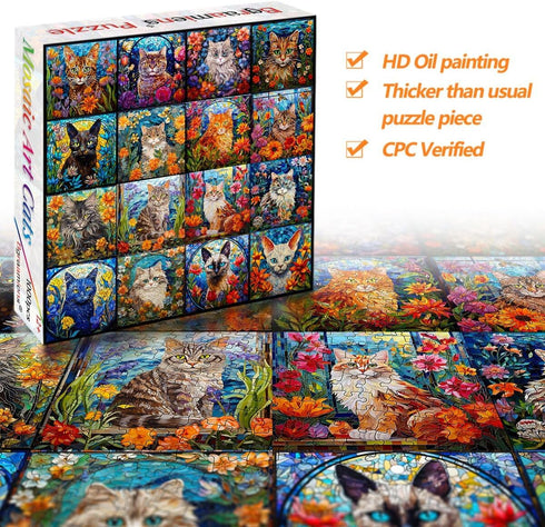 Bgraamiens 1000 Pieces Mosaic Art Puzzle - Cats and Flowers Stained Glass Art Puzzle for Adults, Impossible Color
