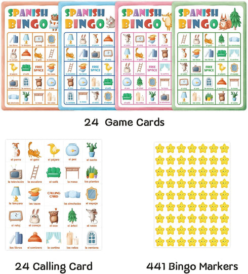 24 ceiba tree Spanish Bingo Game for Players Bilingual Vocabulary Bingo Board Game Cards Educational Toys for Words