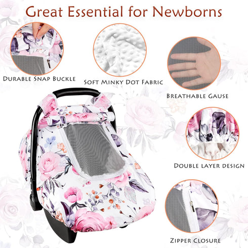2 Floral Baby Carseat Cover Girls, Pea Pod Infant Car Seat Covers Canopy for Newborn with Layers Windows of Breathable