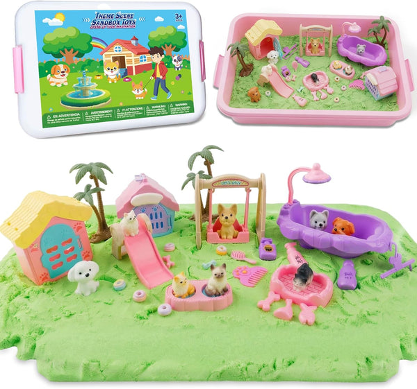 SMILESSKIDDO Sensory Bin - Cat and Dog Play Sand Kit with Green
