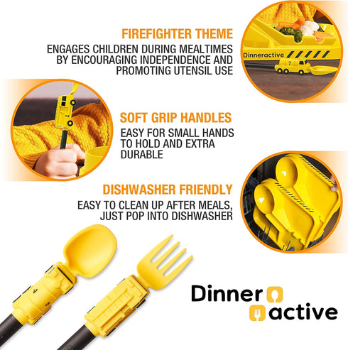 Dinneractive Utensil Set for Kids, Yellow Firefighter Themed Fork and Spoon, 2-Piece Set