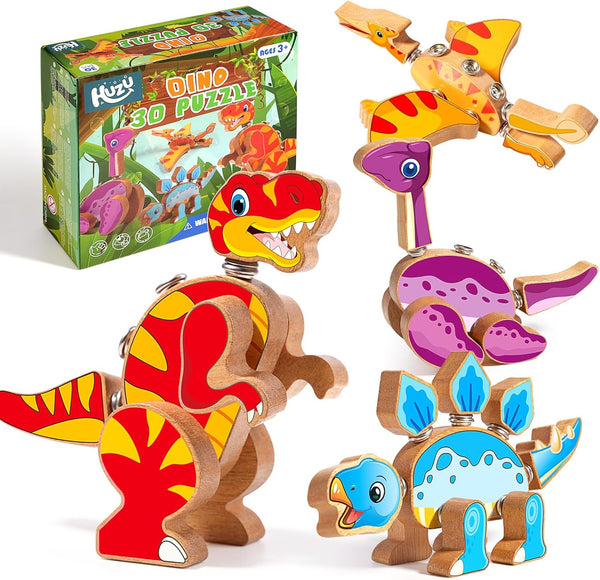 HUZU Dinosaur Building Blocks, Wooden Dino Snap Blocks, Snap Dinosaur Toys for Kids