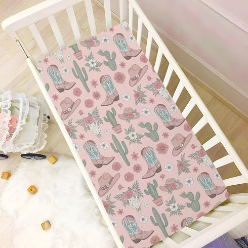 Sinestour Cowgirl Western Cowboy Pink Baby Crib Sheet Soft and Breathable Crib Mattress Protector for Standard Playard