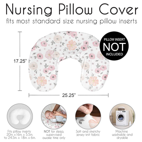 Sweet Jojo Designs Baby Nursing Pillow Cover (Pink/Grey Boho Floral) for Girls, Infant/Newborn Nursery, Bottle