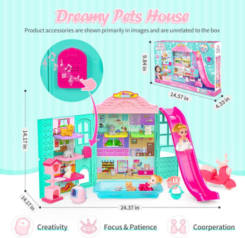 randhar Set, 31PCS 2Dolls, 6Little 3+ Dollhouse of Pets Toy Play Foldable Pets Doll House with Includes Motor, Pool