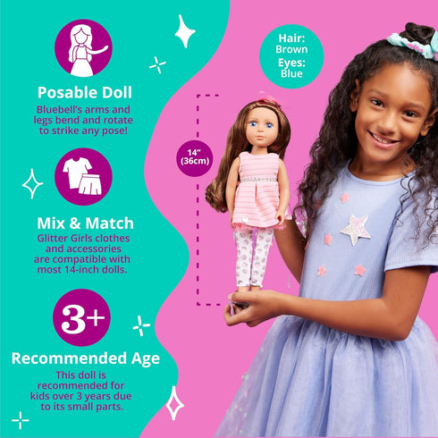 Glitter Girls Bluebell 14-inch Poseable Fashion Doll for Girls Age 3 & Up, Pink, Brown, Silver, Blue