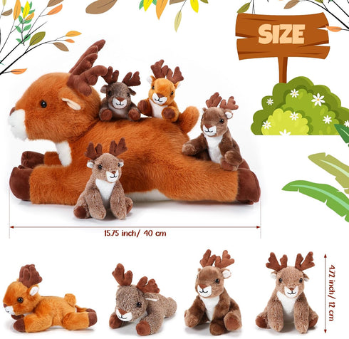 Poen Set 16 Inch Mommy 4 Tummy Plush Deer Stuffed Animal Cuddly Deer Plush with Cute Little Plushes in Her Zippered