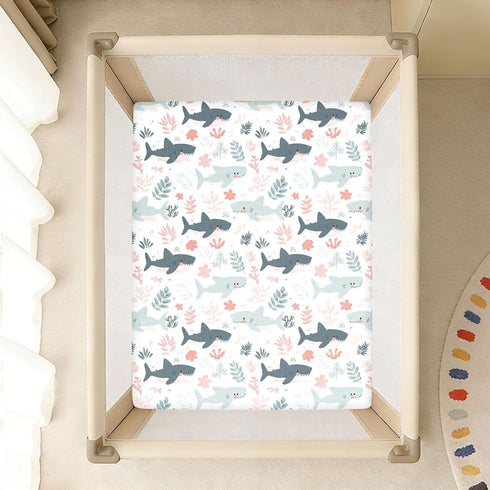 miaozhen 1 Pack 52x28 Cotton Baby Crib Sheets Comfy Breathable Cute Cartoon Tropical Shark White Toddler Mattresses
