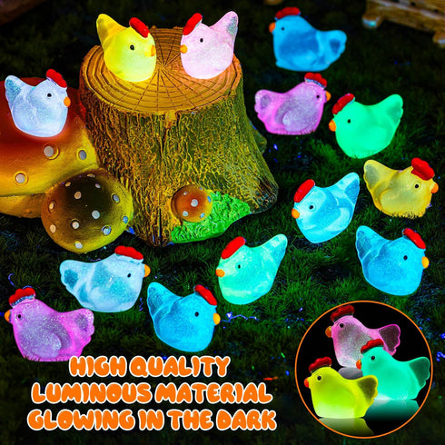 128PCS Luminous Mini Resin Chickens, Tiny Chickens Miniature Figurines Glow in The Dark for Home Decor