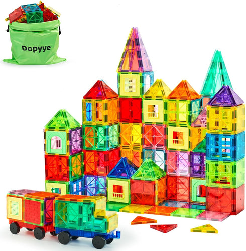 Dopyye 132 PCS Magnetic Tiles Building Blocks with 2 Cars, STEM Educational Construction