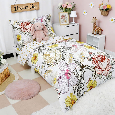 Set 4 Sets, Set Toddler Bedding for Girls, Piece Toddler Comforter Bed Ultra Soft Breathable Vintage Crib Bedding