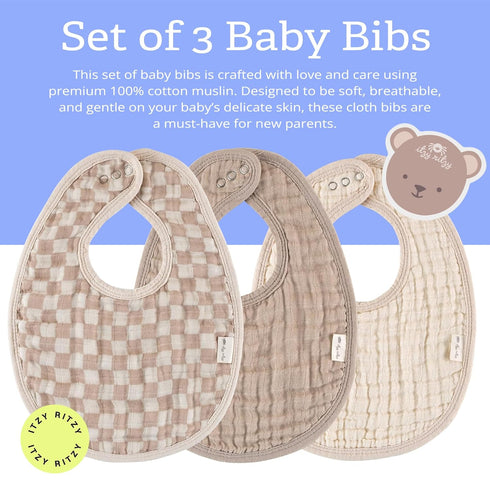 Set 3 -3 Itzy Ritzy of Baby Bibs - Ultra-Soft Adjustable Infant & Toddler Bibs Made of Triple-Layer Cotton Muslin