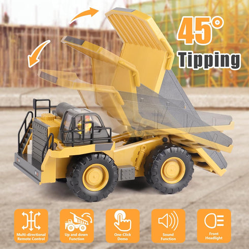 6-10 PREPOP Kids' RC Dump Truck Toy - Remote Control Construction Truck with Metal Bed, Lights & Sounds, for Boys Ages