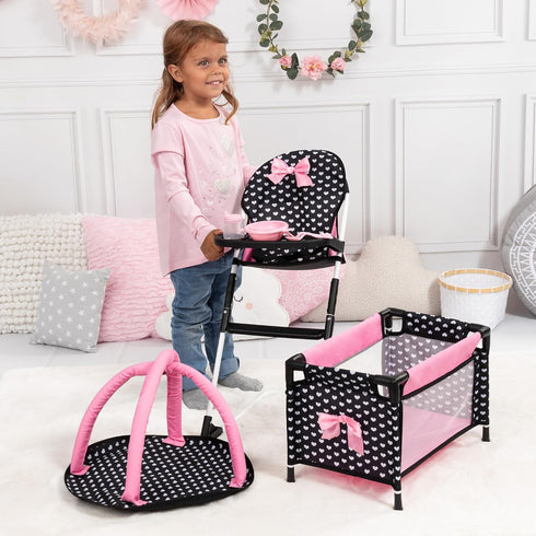 Bayer Design Dolls Travel 9 Piece Set - Black, Pink, Hearts, Accessories for Dolls Up to 18"