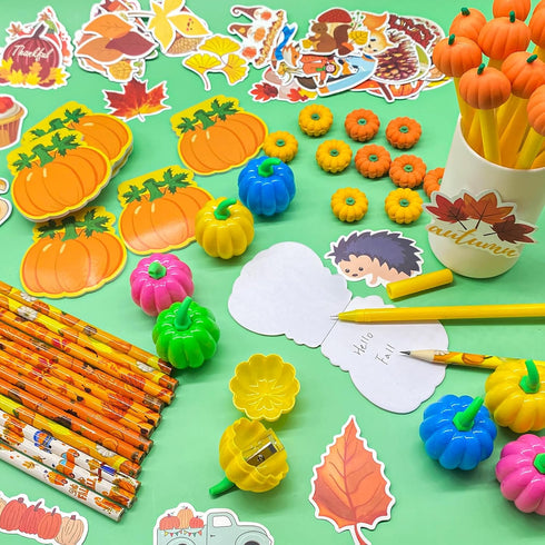 Cinrobiye 244 Pcs Fall Pumpkins Party Favors - Maple Leaf Party Supplies, Thanksgiving Day School Stationery Set,