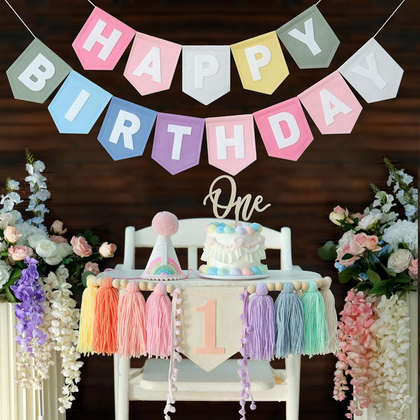 DCJHFJ Pastel Macaron Rainbow High Chair Banner Felt Happy Birthday Banner Pre-Strung